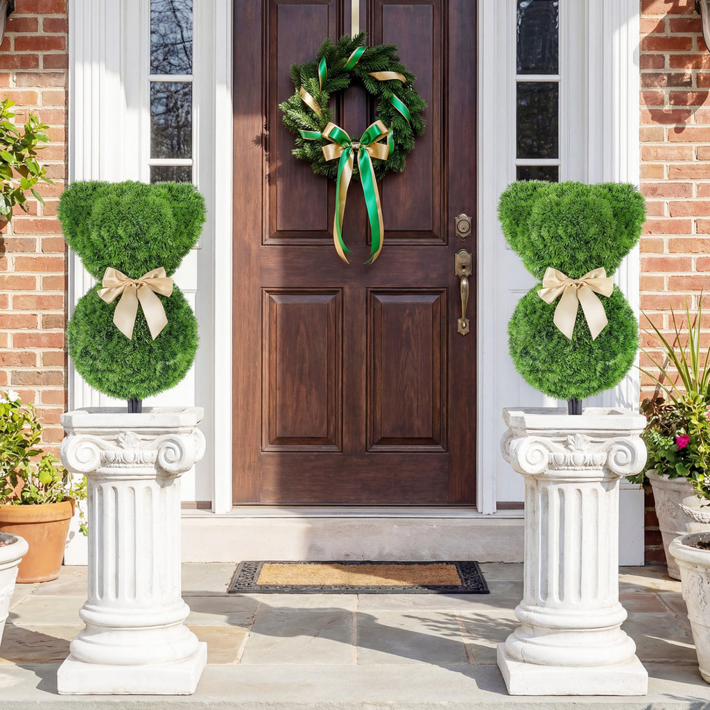 2 Pieces Teddy Bear Topiary Trees - Sun-Resistant Faux Boxwood Plants with Bowknot