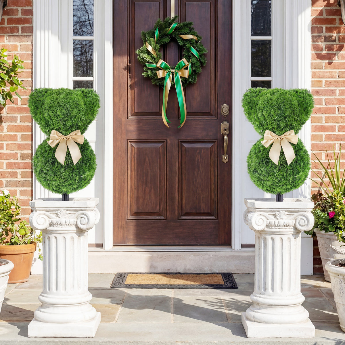 2 Pieces Teddy Bear Topiary Trees - Sun-Resistant Faux Boxwood Plants with Bowknot
