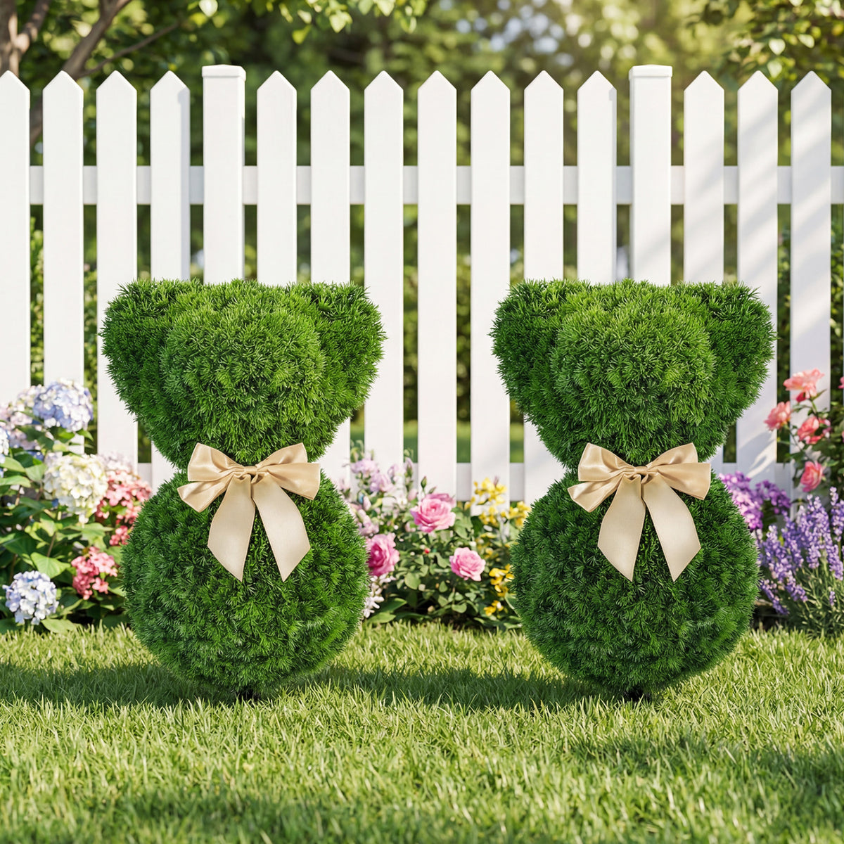 2 Pieces Teddy Bear Topiary Trees - Sun-Resistant Faux Boxwood Plants with Bowknot