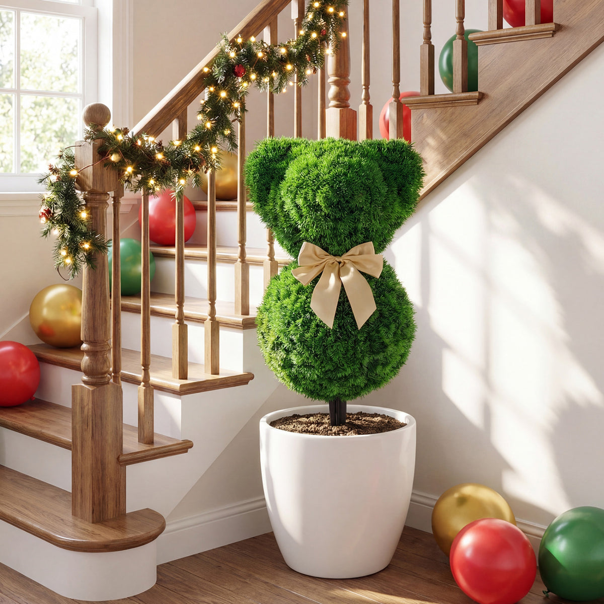 2 Pieces Teddy Bear Topiary Trees - Sun-Resistant Faux Boxwood Plants with Bowknot