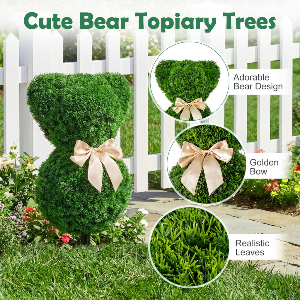 2 Pieces Teddy Bear Topiary Trees - Sun-Resistant Faux Boxwood Plants with Bowknot