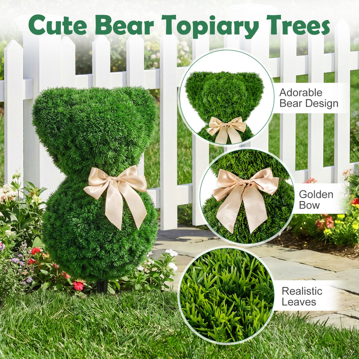 2 Pieces Teddy Bear Topiary Trees - Sun-Resistant Faux Boxwood Plants with Bowknot