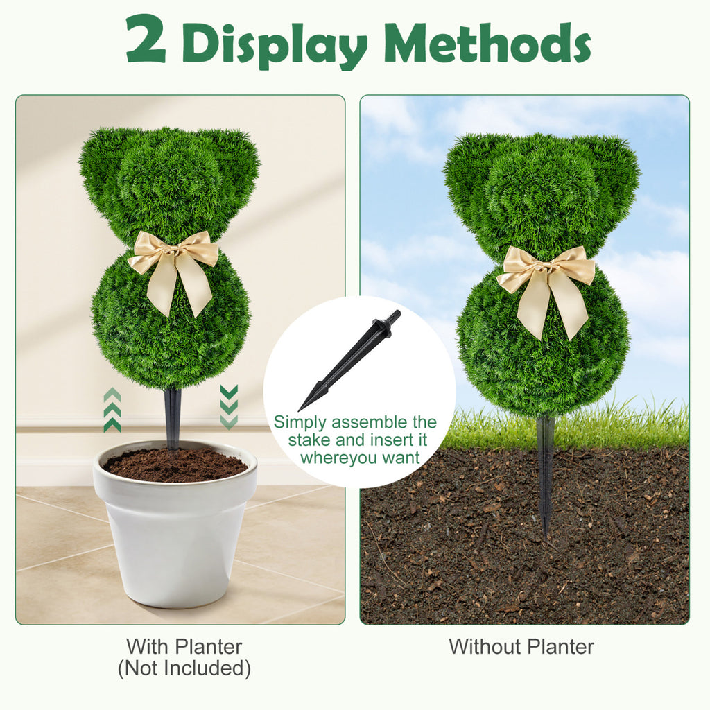 2 Pieces Teddy Bear Topiary Trees - Sun-Resistant Faux Boxwood Plants with Bowknot