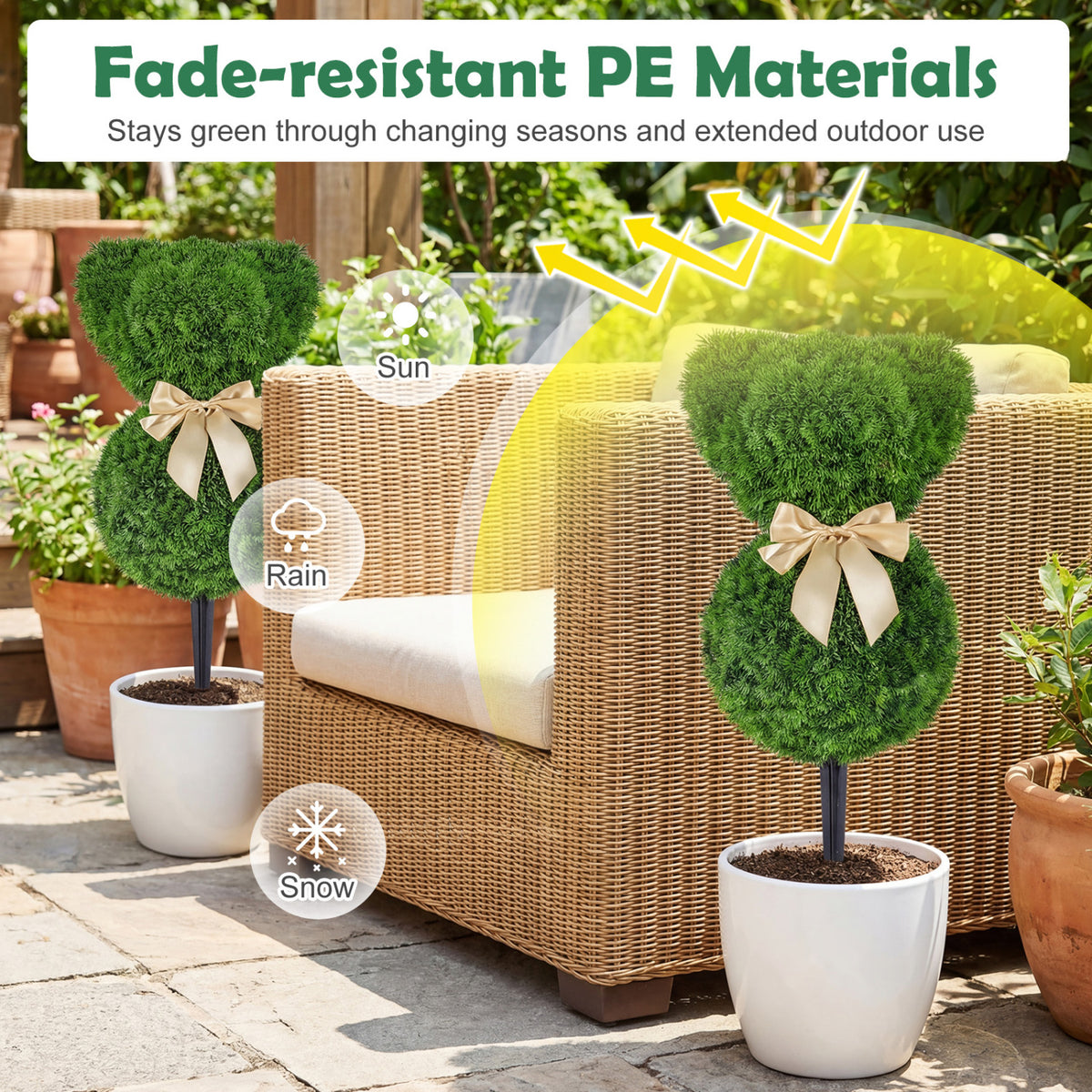 2 Pieces Teddy Bear Topiary Trees - Sun-Resistant Faux Boxwood Plants with Bowknot