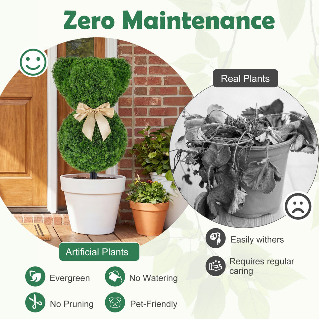 2 Pieces Teddy Bear Topiary Trees - Sun-Resistant Faux Boxwood Plants with Bowknot