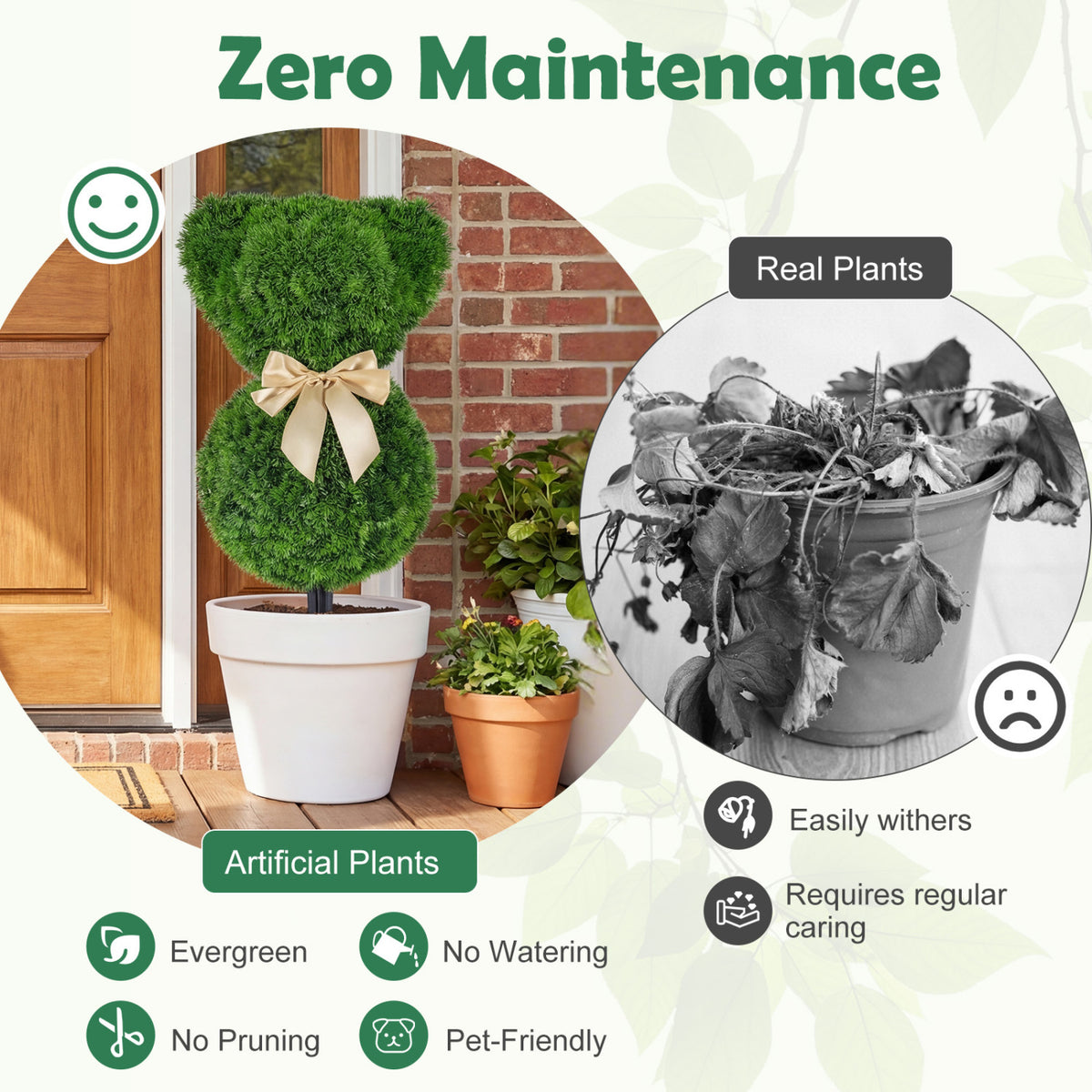 2 Pieces Teddy Bear Topiary Trees - Sun-Resistant Faux Boxwood Plants with Bowknot