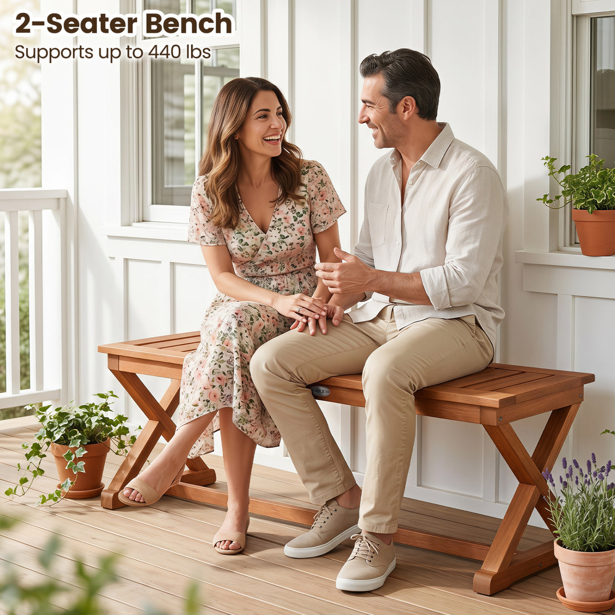 2-Person 44" Solid Wood Outdoor Bench with Slatted Seat for Patio
