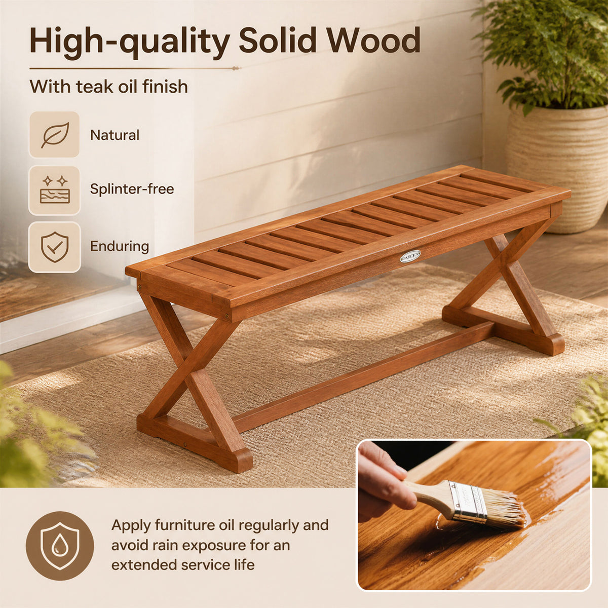2-Person 44" Solid Wood Outdoor Bench with Slatted Seat for Patio