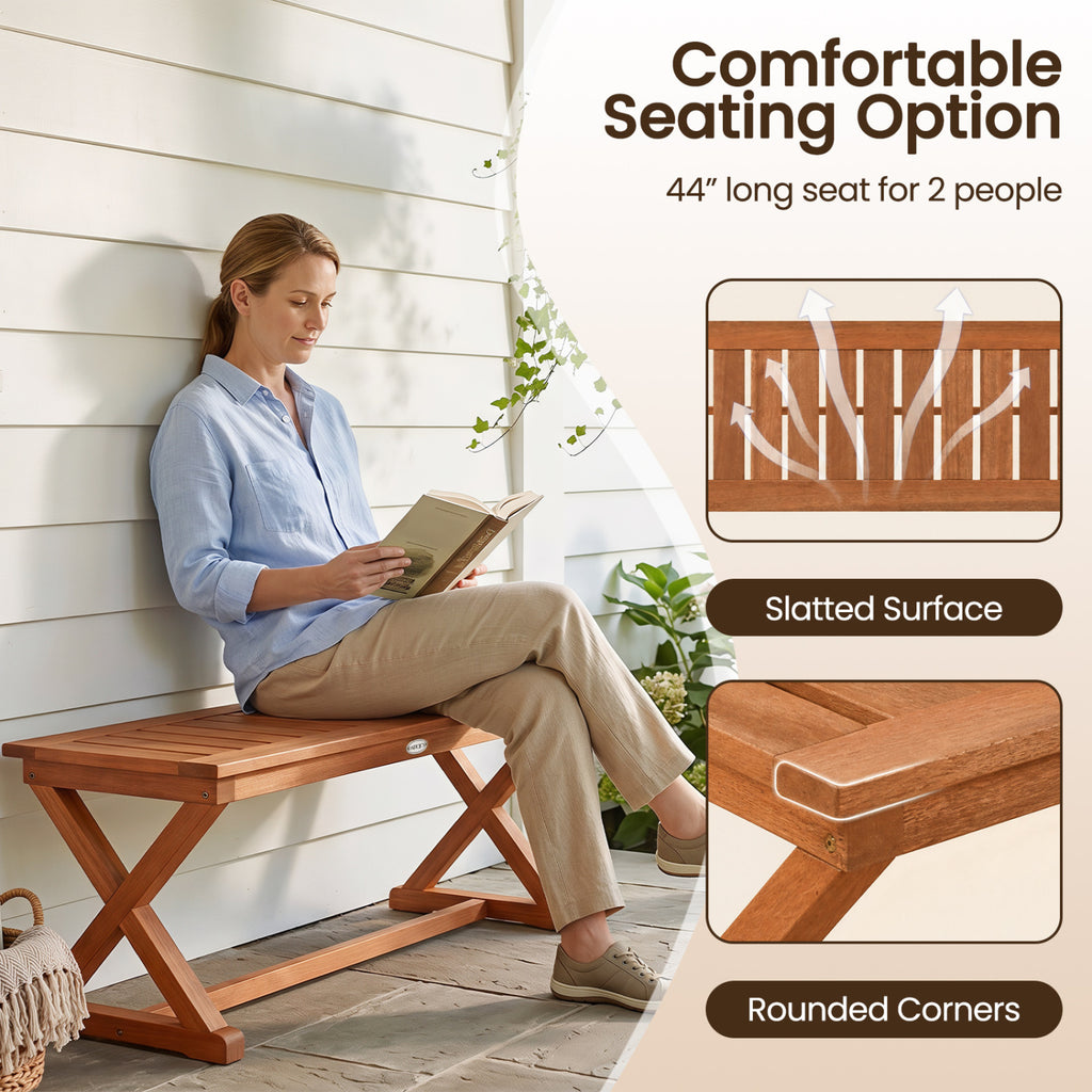 2-Person 44" Solid Wood Outdoor Bench with Slatted Seat for Patio