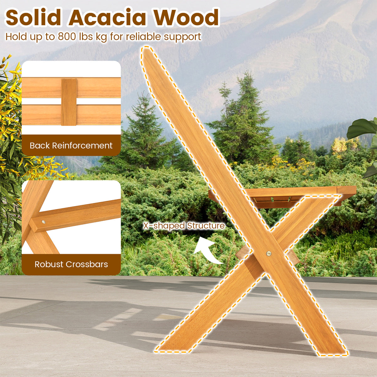 2-Person Acacia Wood Patio Bench with Back - 40 Inch