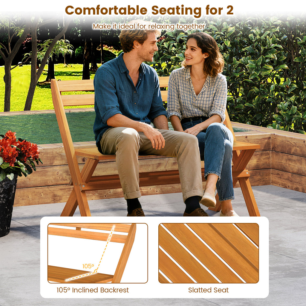 2-Person Acacia Wood Patio Bench with Back - 40 Inch
