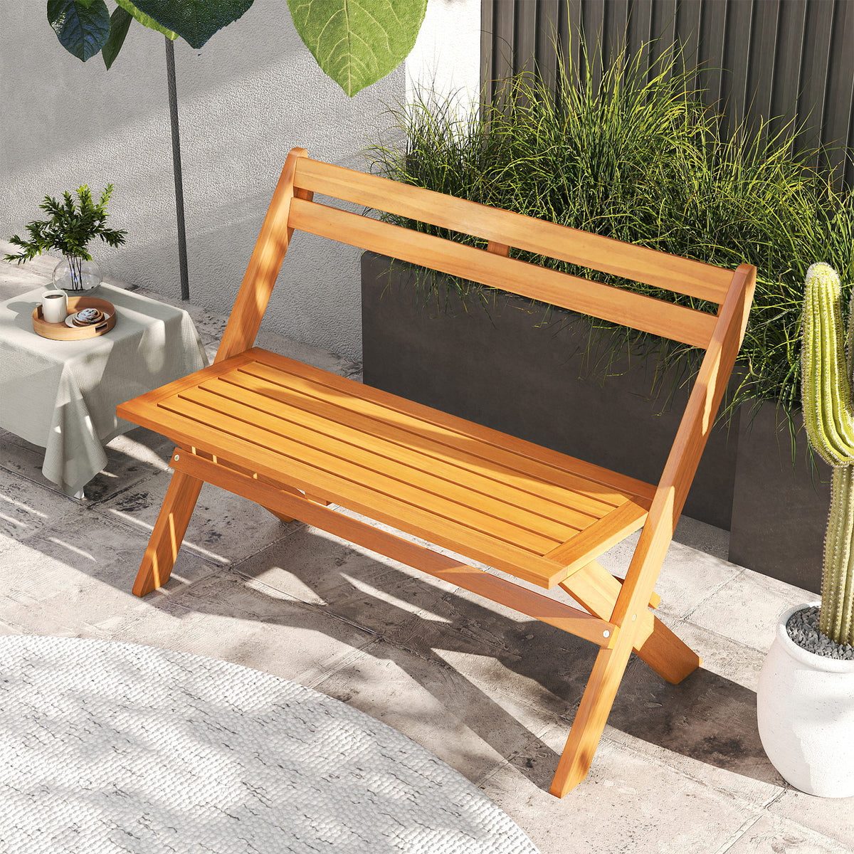 2-Person Acacia Wood Patio Bench with Back - 40 Inch