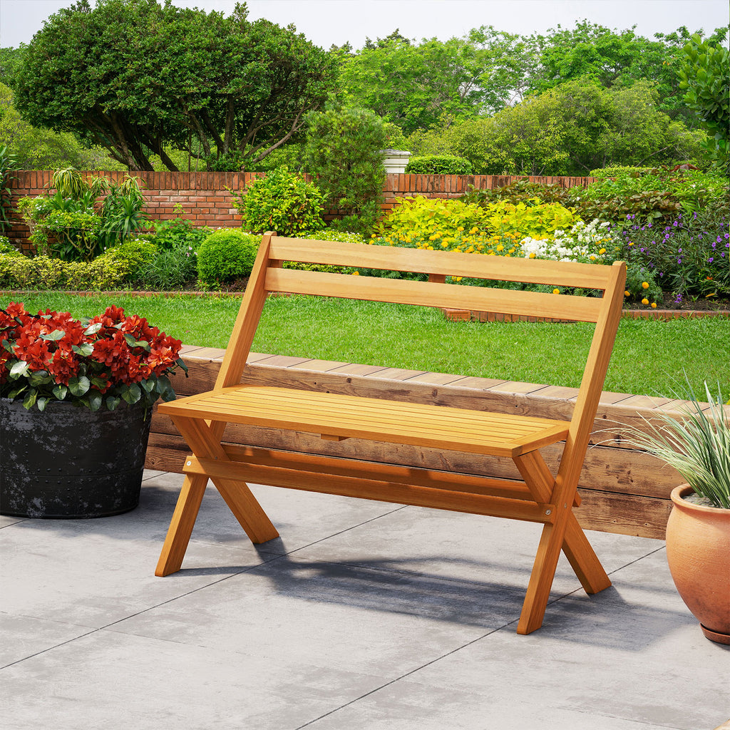 2-Person Acacia Wood Patio Bench with Back - 40 Inch