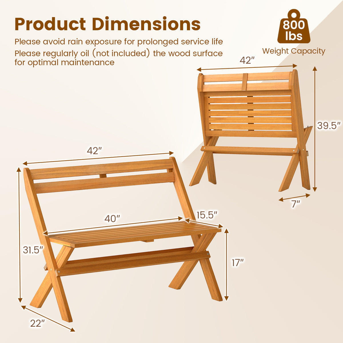 2-Person Acacia Wood Patio Bench with Back - 40 Inch