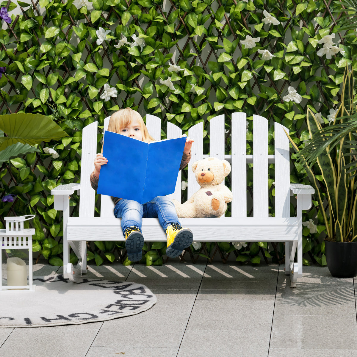 Kids Outdoor Rocking Chair for 2 - Fir Wood Adirondack - White