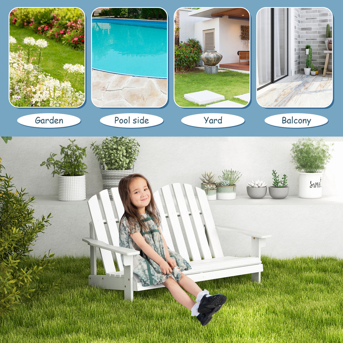 Kids Outdoor Rocking Chair for 2 - Fir Wood Adirondack - White