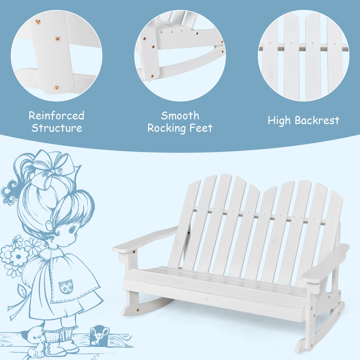 Kids Outdoor Rocking Chair for 2 - Fir Wood Adirondack - White