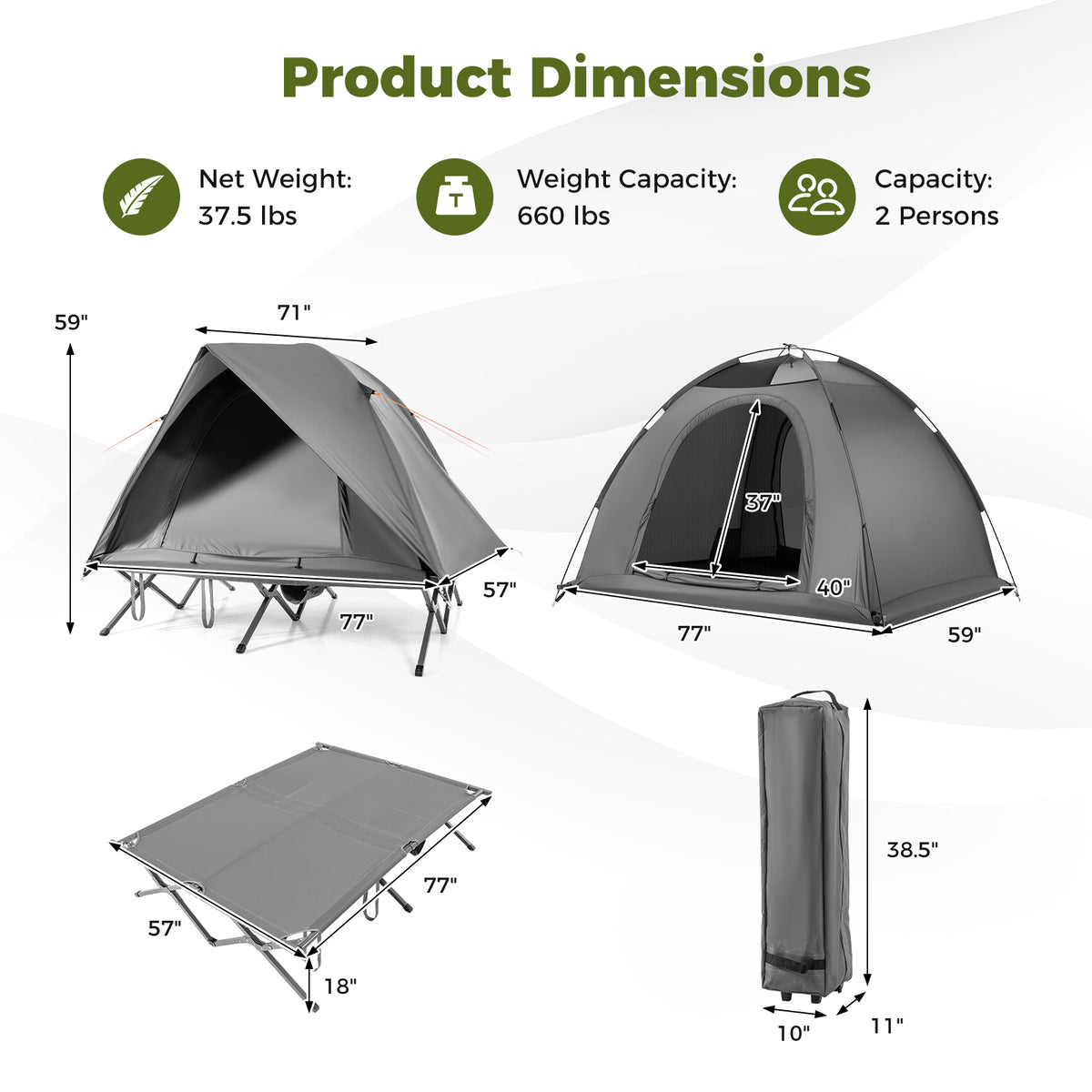 2-Person Camping Cot Tent Combo - Gray