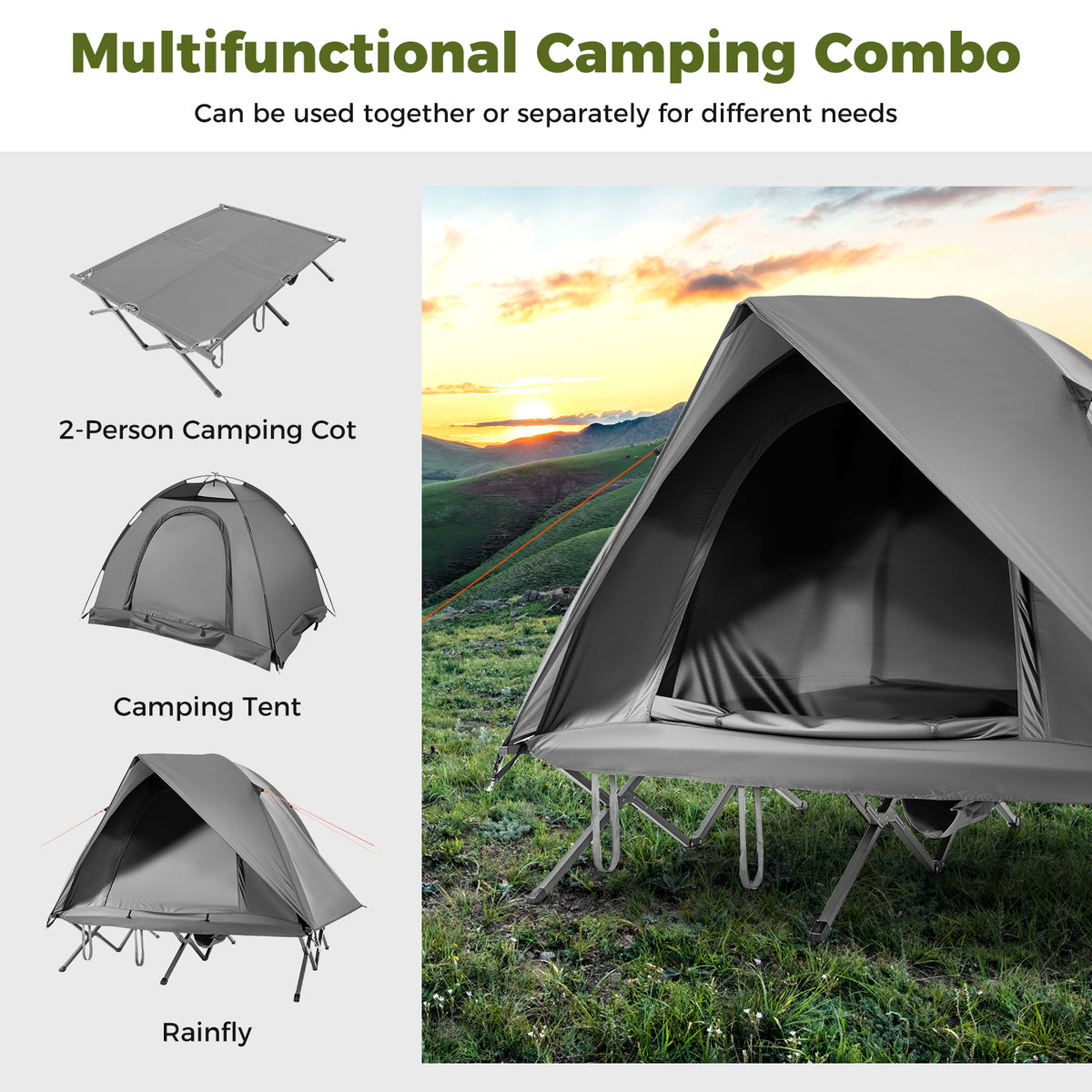 2-Person Camping Cot Tent Combo - Gray