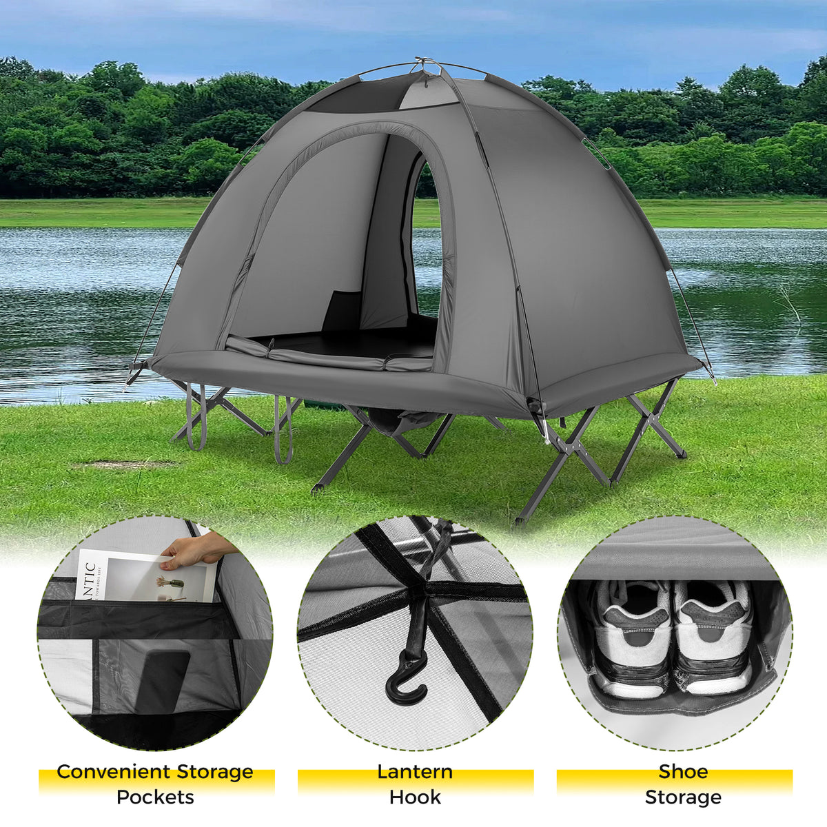 2-Person Camping Cot Tent Combo - Gray