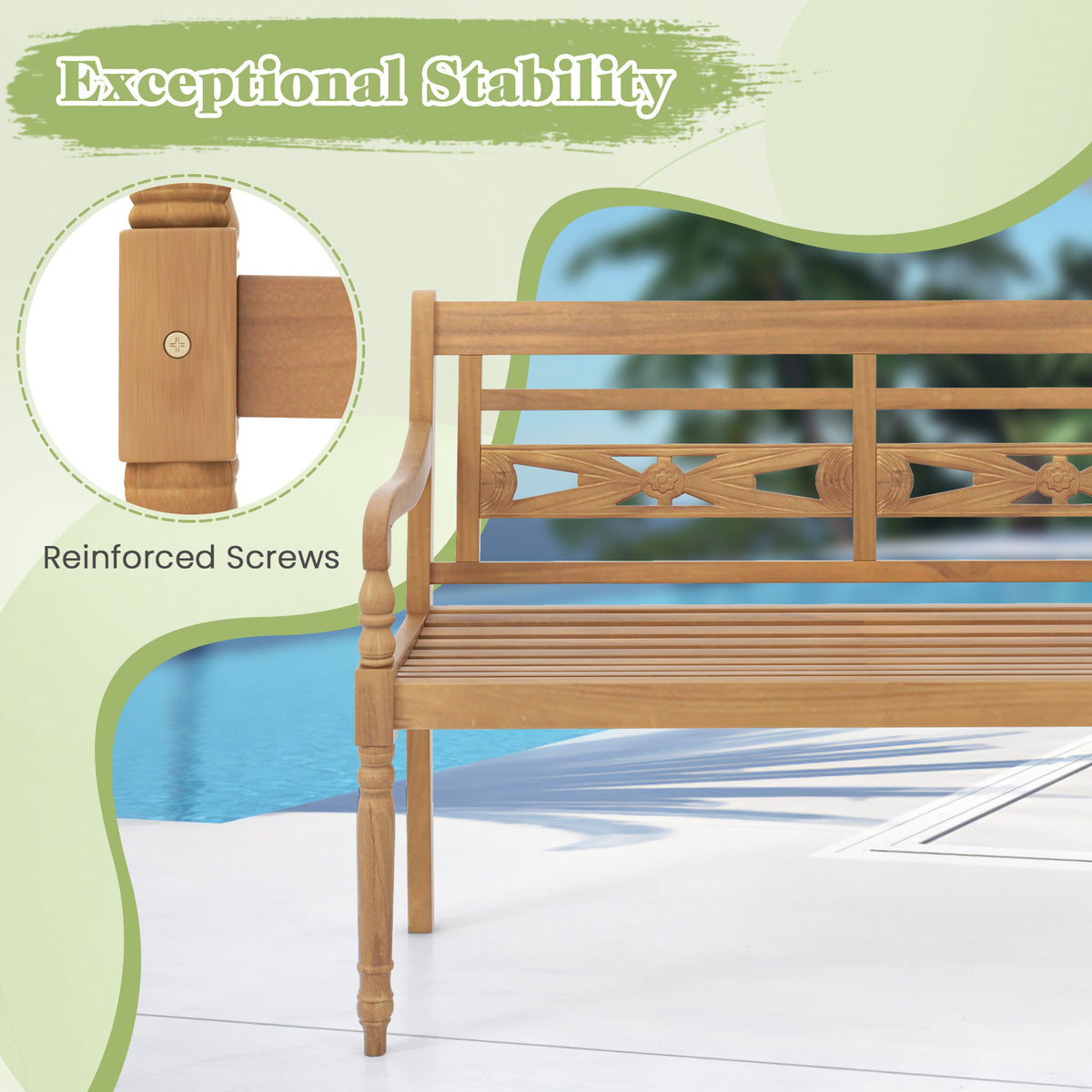 2-Person Teak Wood Patio Bench with Wide Backrest and Curved Armrests