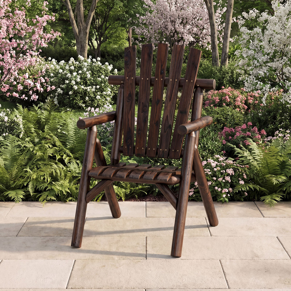 Log Wood Patio Chair with Slatted Backrest for Deck Backyard