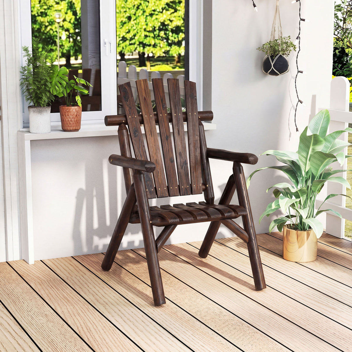 Log Wood Patio Chair with Slatted Backrest for Deck Backyard