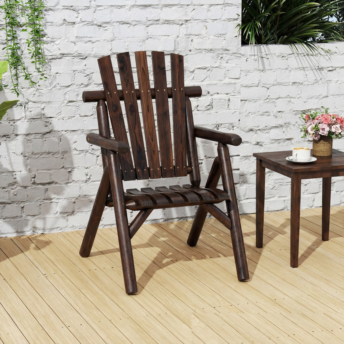Log Wood Patio Chair with Slatted Backrest for Deck Backyard