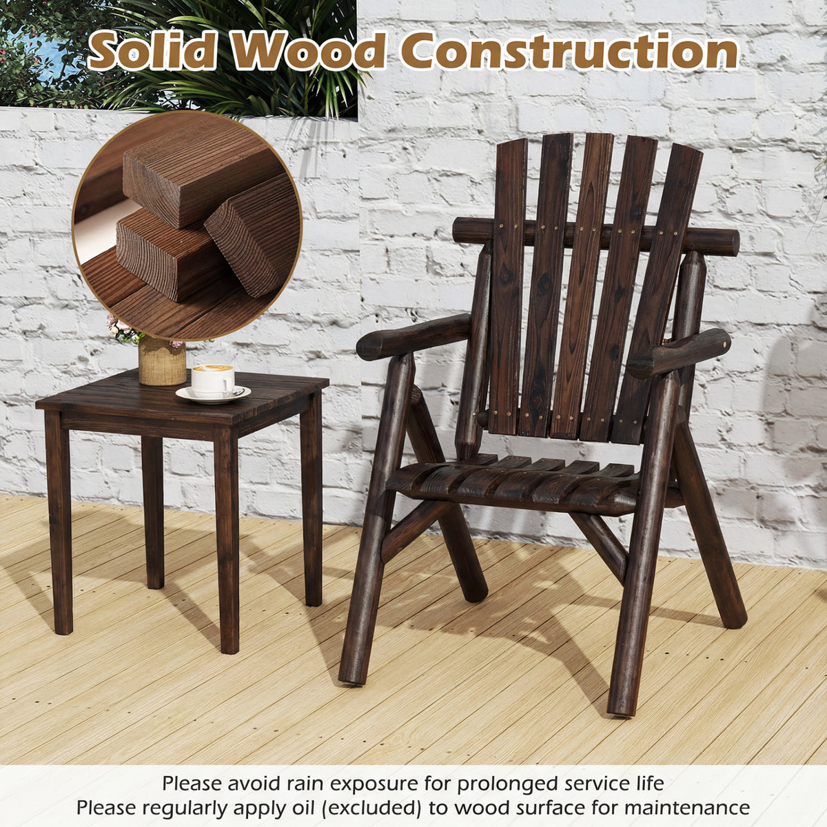 Log Wood Patio Chair with Slatted Backrest for Deck Backyard