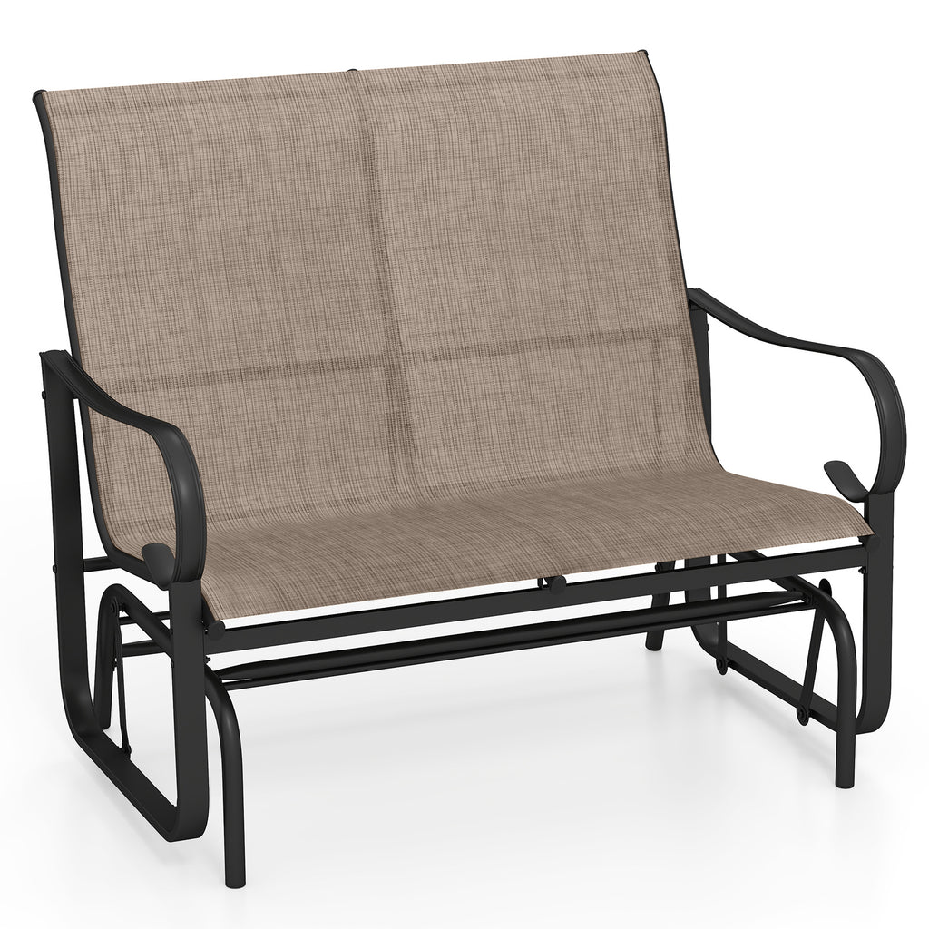 Patio Glider Bench with Curved Teak Armrests and Breathable Fabric