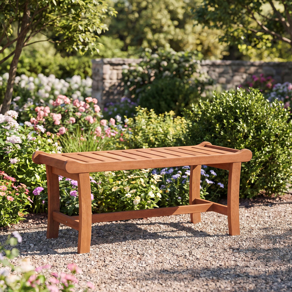 2-Person Outdoor Wood Bench with Slatted Seat and Raised Edges