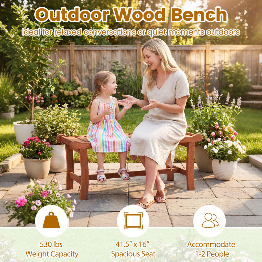2-Person Outdoor Wood Bench with Slatted Seat and Raised Edges
