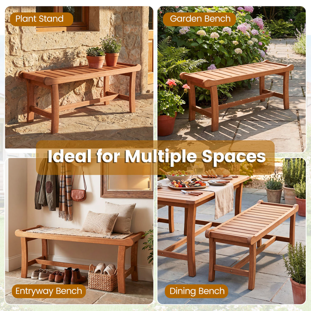 2-Person Outdoor Wood Bench with Slatted Seat and Raised Edges