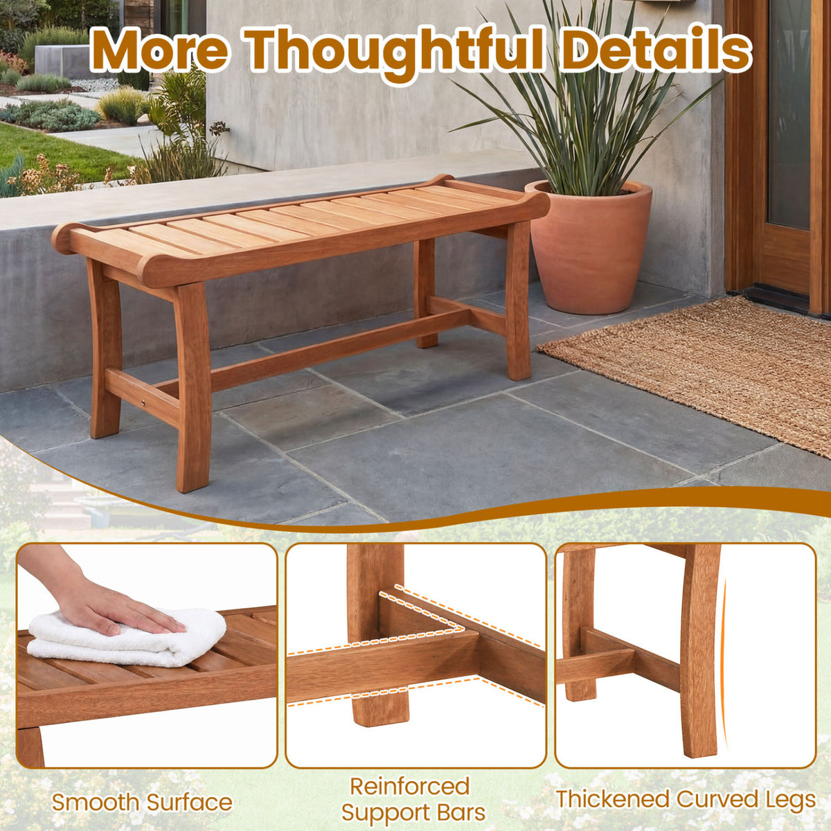 2-Person Outdoor Wood Bench with Slatted Seat and Raised Edges