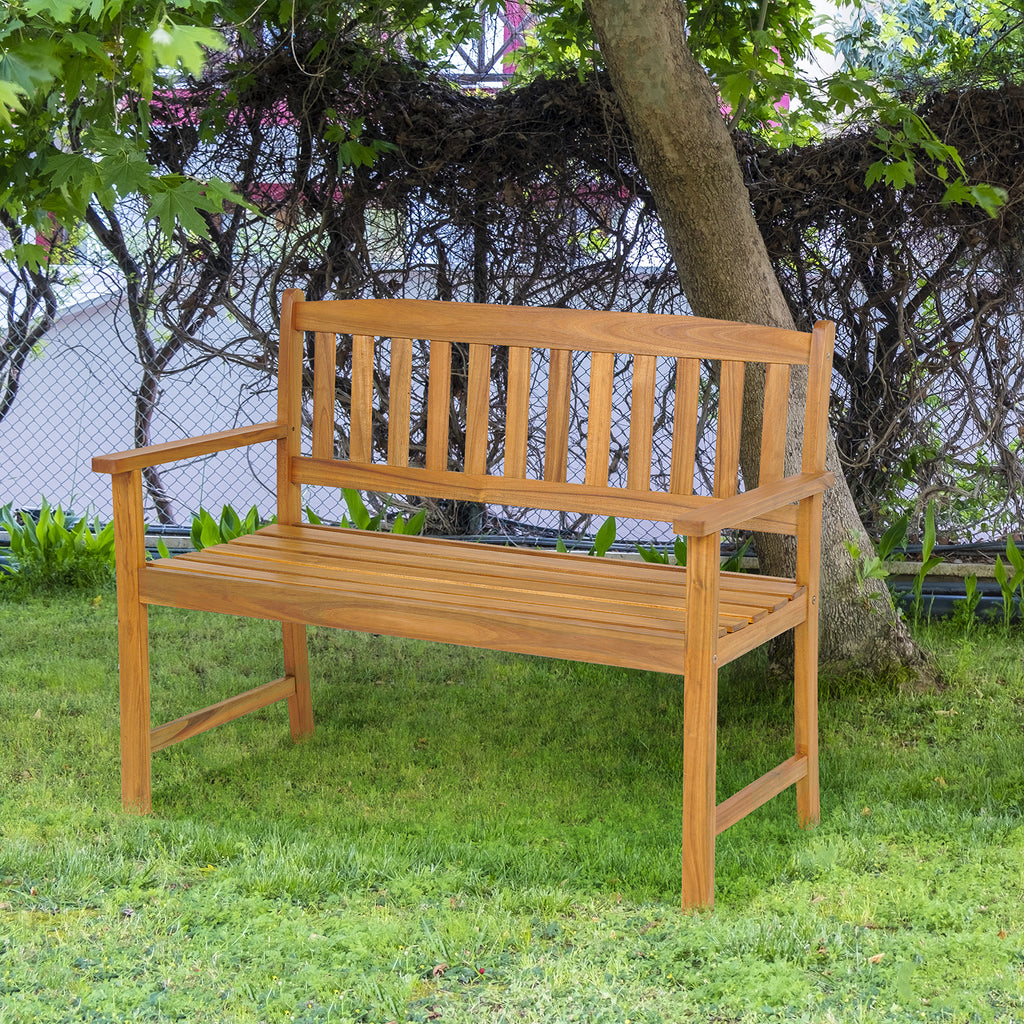 2-Person Acacia Wood Patio Bench with Backrest - 43 Inch