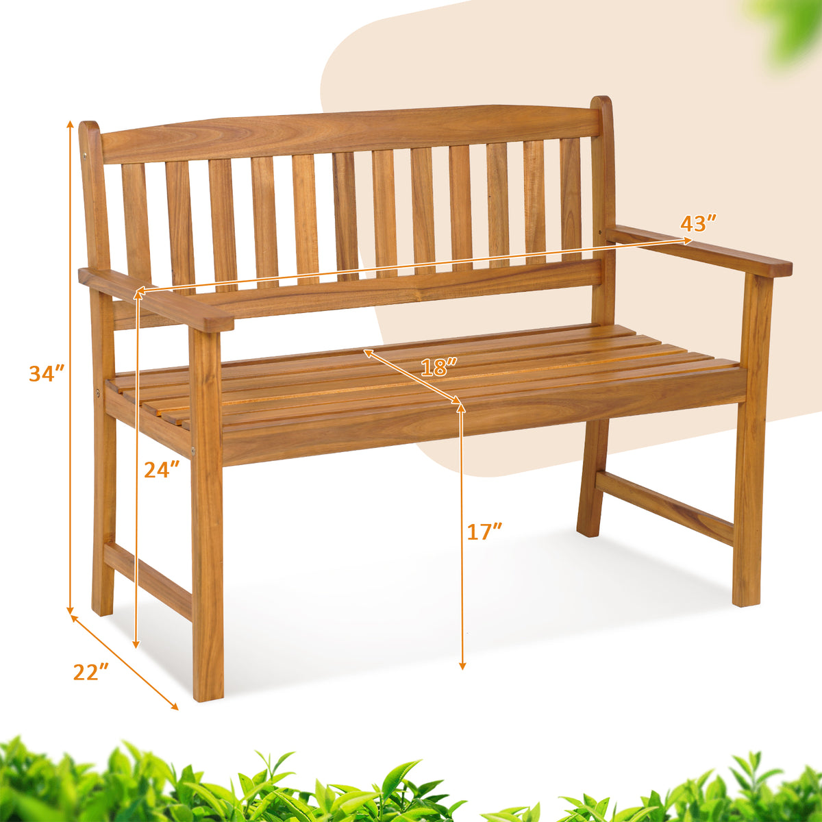 2-Person Acacia Wood Patio Bench with Backrest - 43 Inch