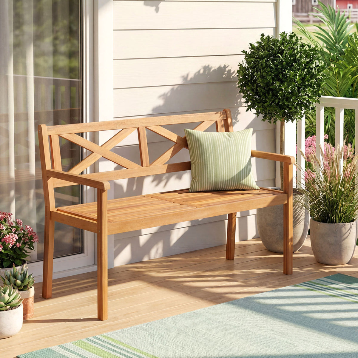 2-Person Patio Acacia Wood Garden Chair with Armrests and Backrest