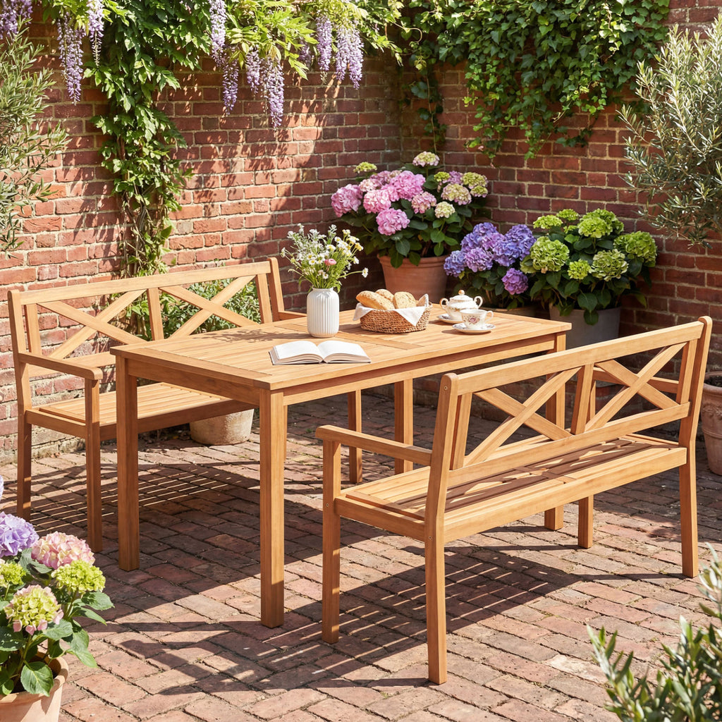 2-Person Patio Acacia Wood Garden Chair with Armrests and Backrest