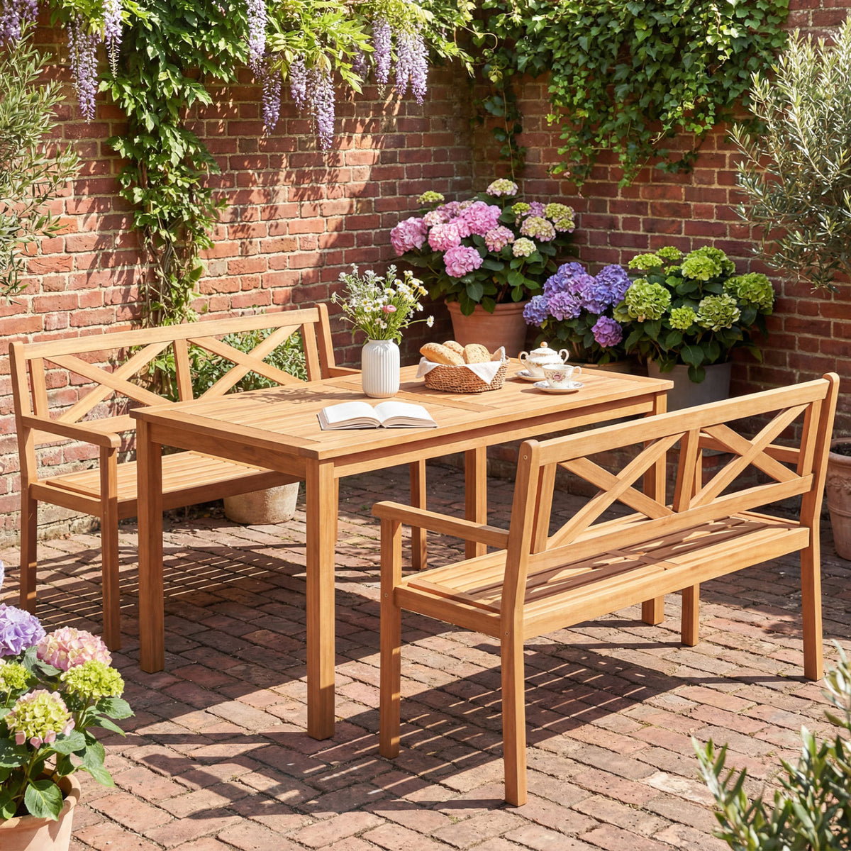 2-Person Patio Acacia Wood Garden Chair with Armrests and Backrest