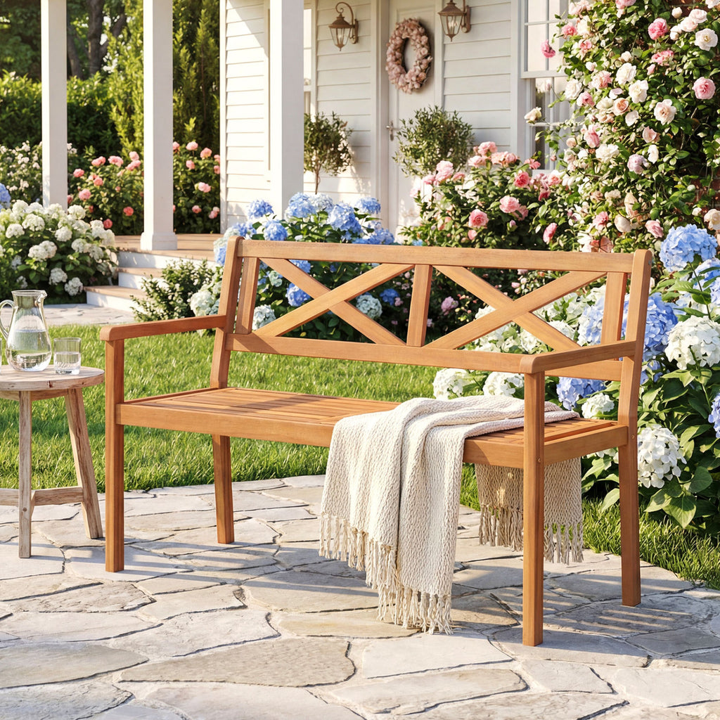 2-Person Patio Acacia Wood Garden Chair with Armrests and Backrest