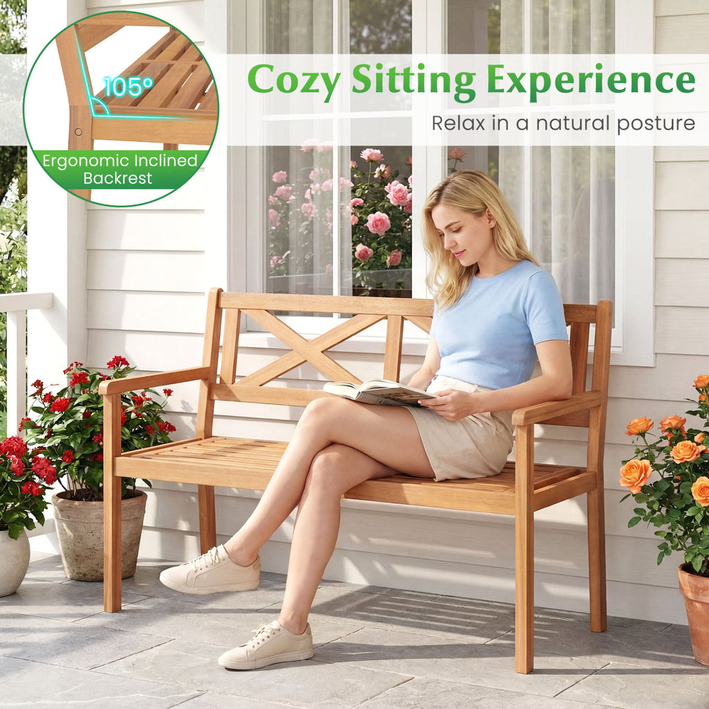 2-Person Patio Acacia Wood Garden Chair with Armrests and Backrest