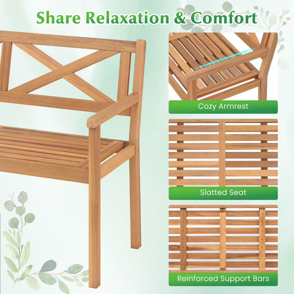2-Person Patio Acacia Wood Garden Chair with Armrests and Backrest