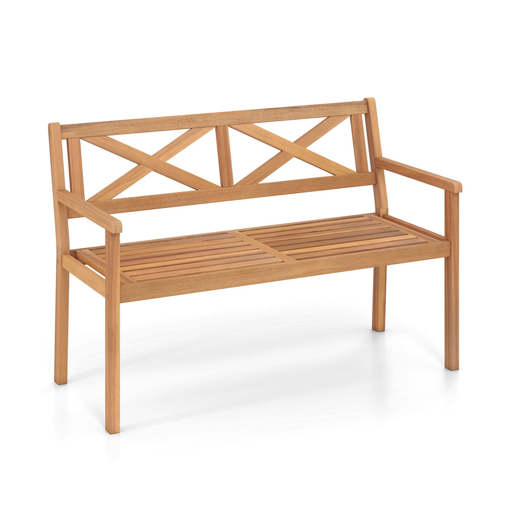 2-Person Patio Acacia Wood Garden Chair with Armrests and Backrest