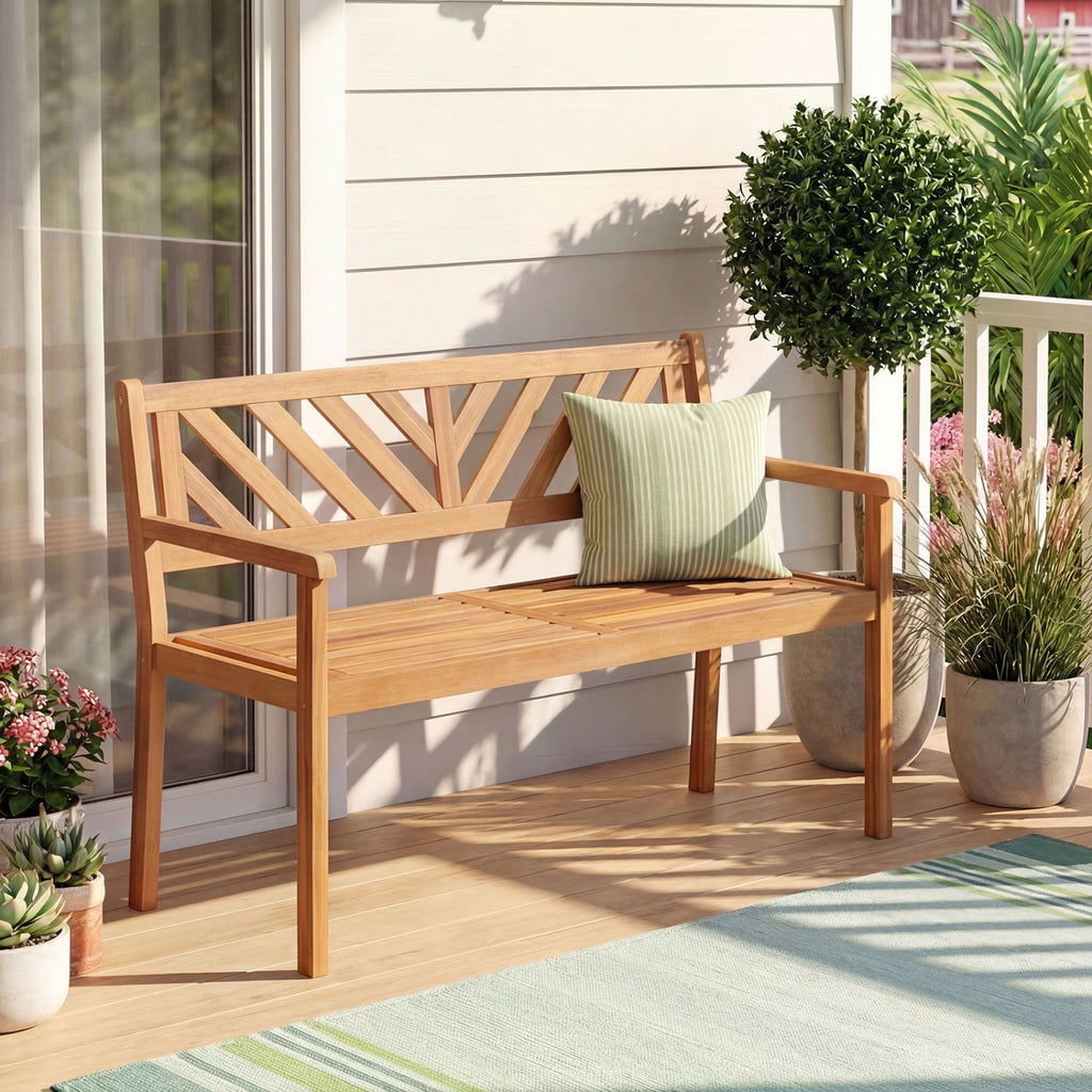 2-Person Patio Acacia Wood Garden Chair with Armrests and Backrest