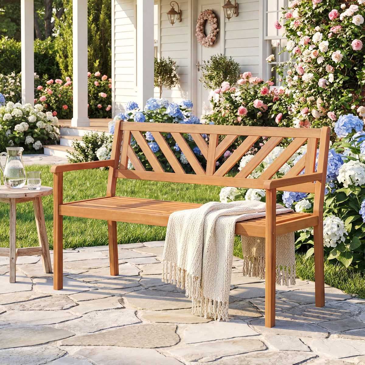 2-Person Patio Acacia Wood Garden Chair with Armrests and Backrest