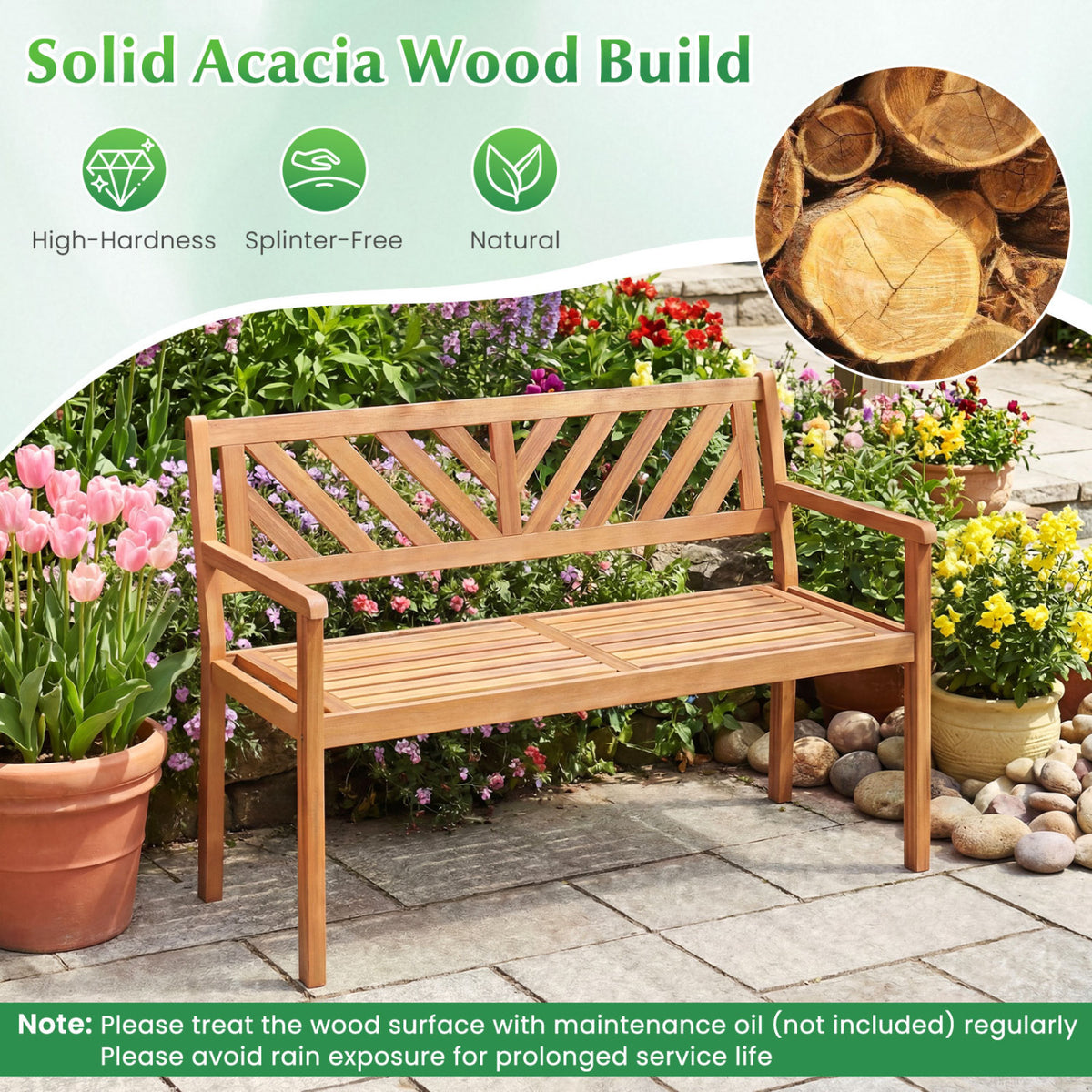 2-Person Patio Acacia Wood Garden Chair with Armrests and Backrest