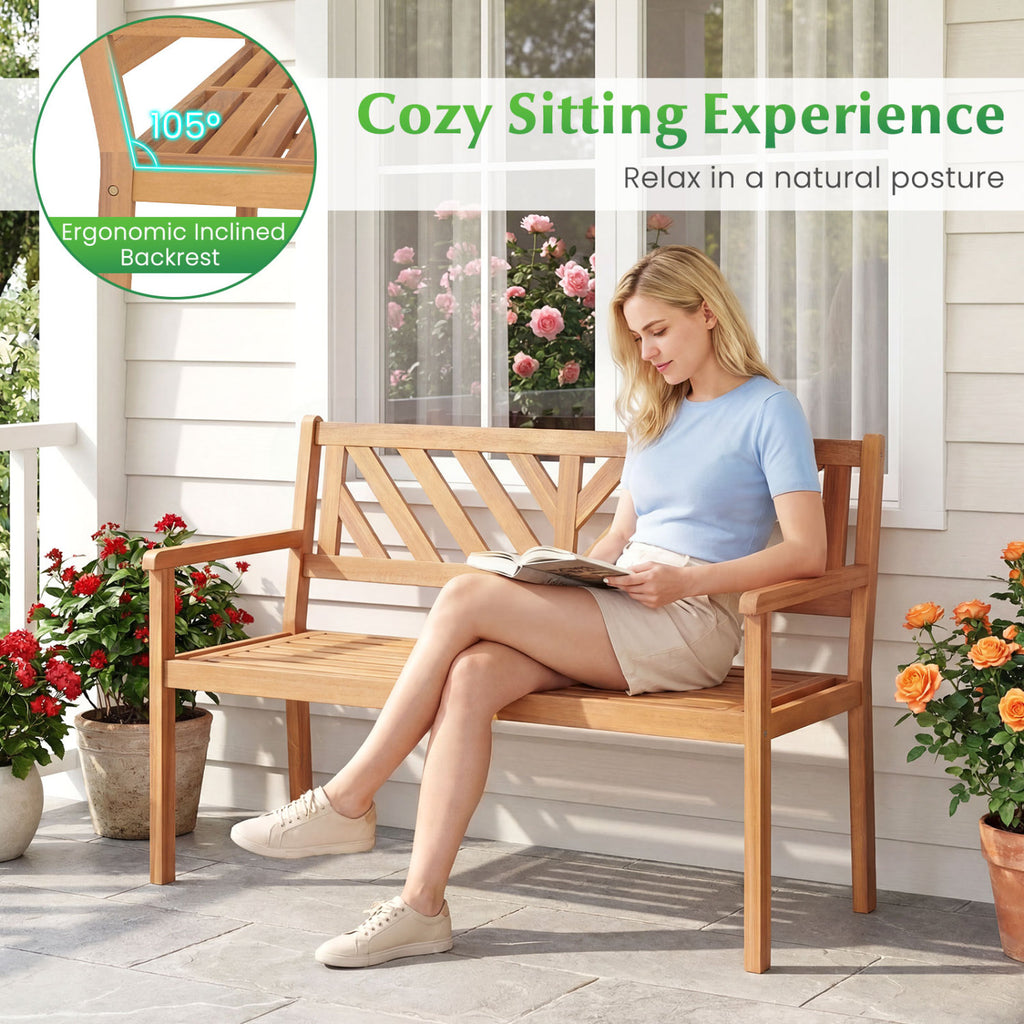 2-Person Patio Acacia Wood Garden Chair with Armrests and Backrest