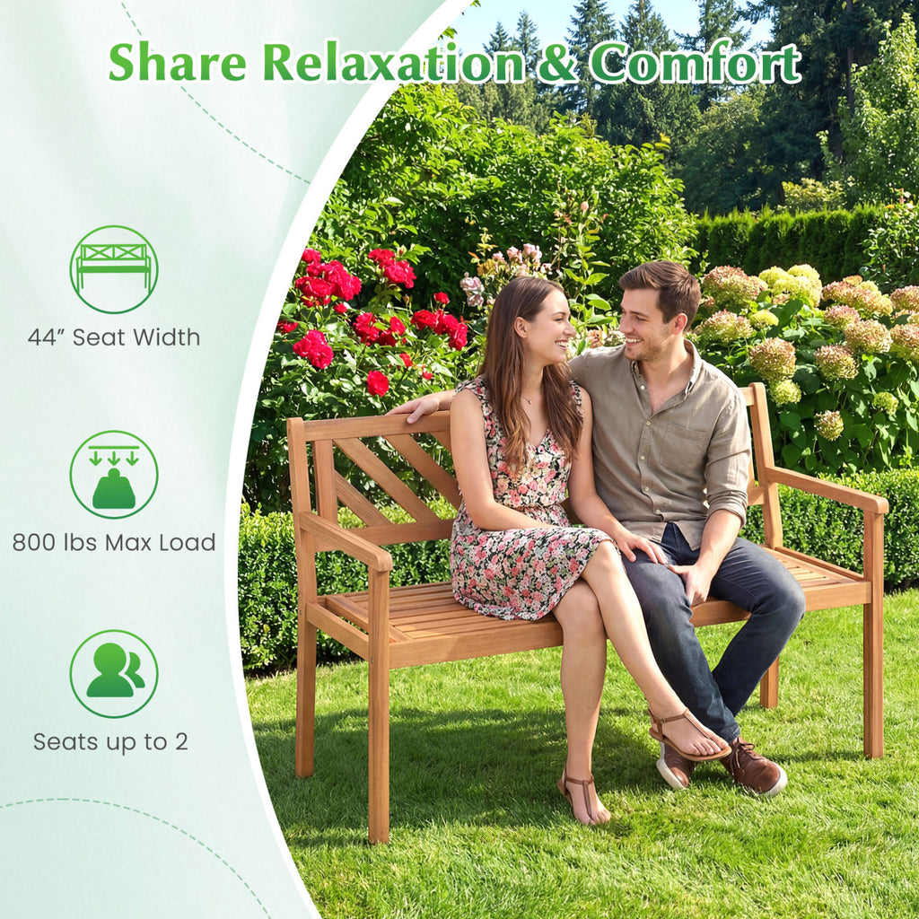 2-Person Patio Acacia Wood Garden Chair with Armrests and Backrest