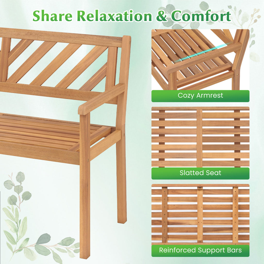 2-Person Patio Acacia Wood Garden Chair with Armrests and Backrest