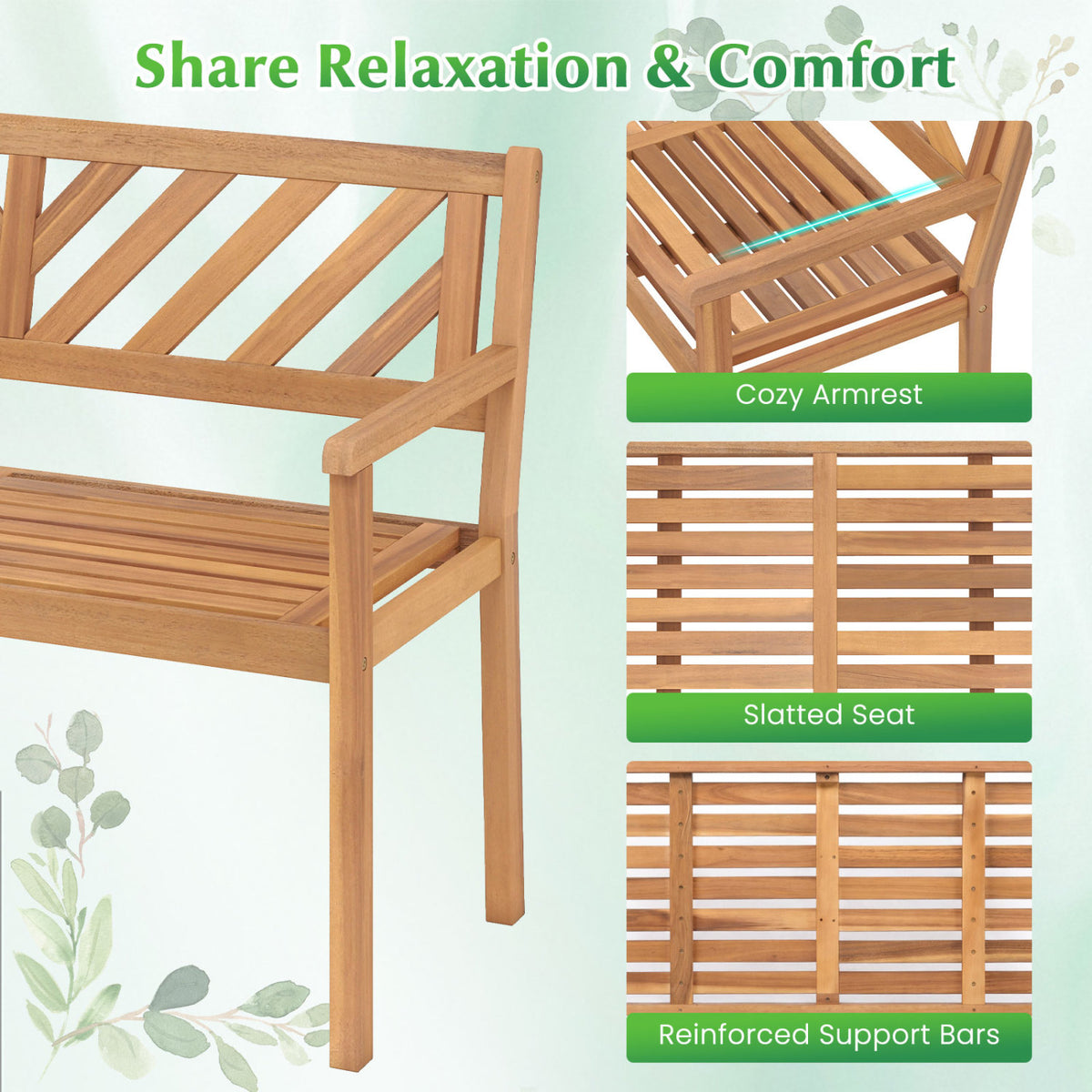 2-Person Patio Acacia Wood Garden Chair with Armrests and Backrest